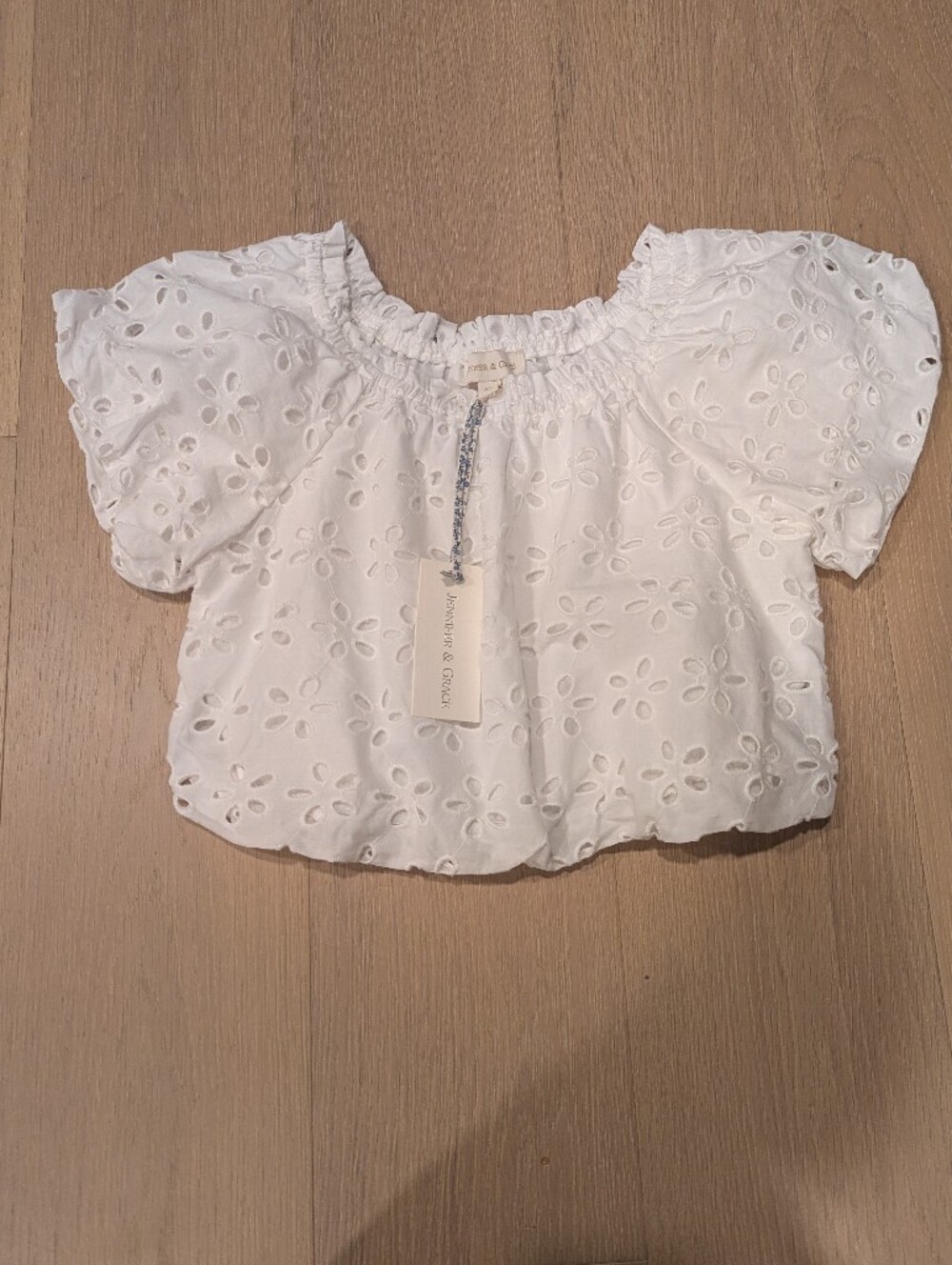 White Floral Eyelet Crop Top With Bubble Hem